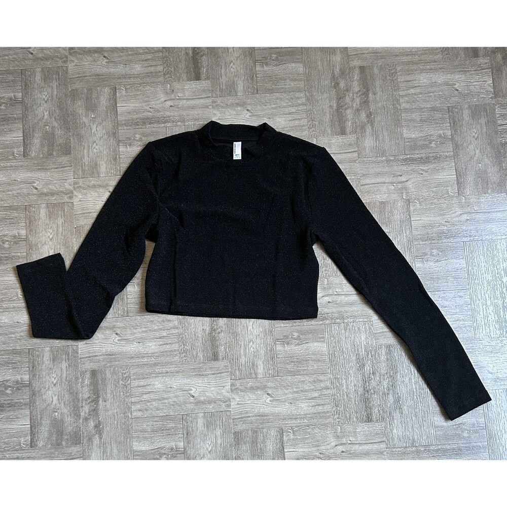 American Apparel Women’s L Black Metallic Glitter Mock Neck Crop Top Long Sleeve